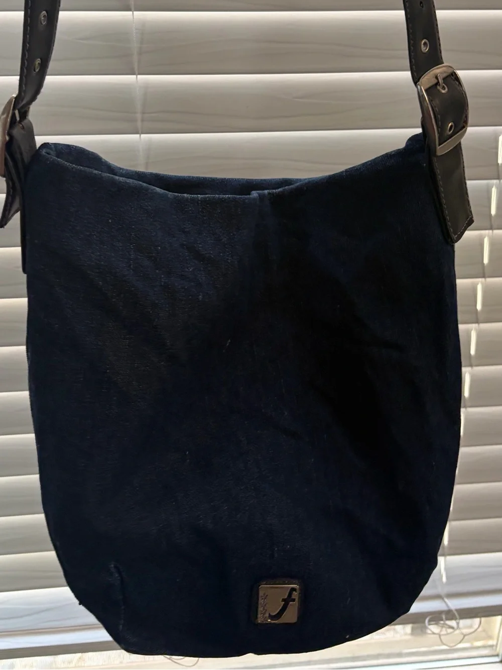 Vintage Y2K Faded Glory Navy Canvas Shoulder Bag with Black Leather Strap